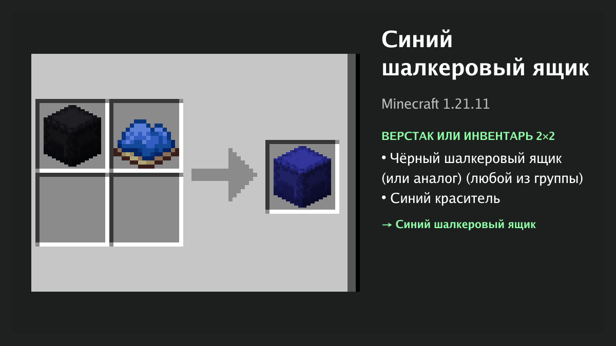 Рецепт: синий шалкеровый ящик в Minecraft — чёрный шалкеровый ящик (или аналог), синий краситель (верстак или инвентарь 2×2)