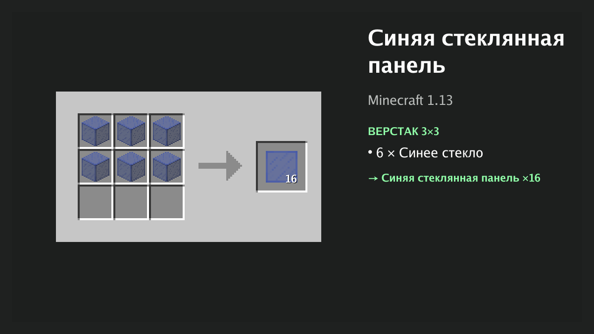 Рецепт: синяя стеклянная панель в Minecraft — 6 × синее стекло (верстак 3×3)