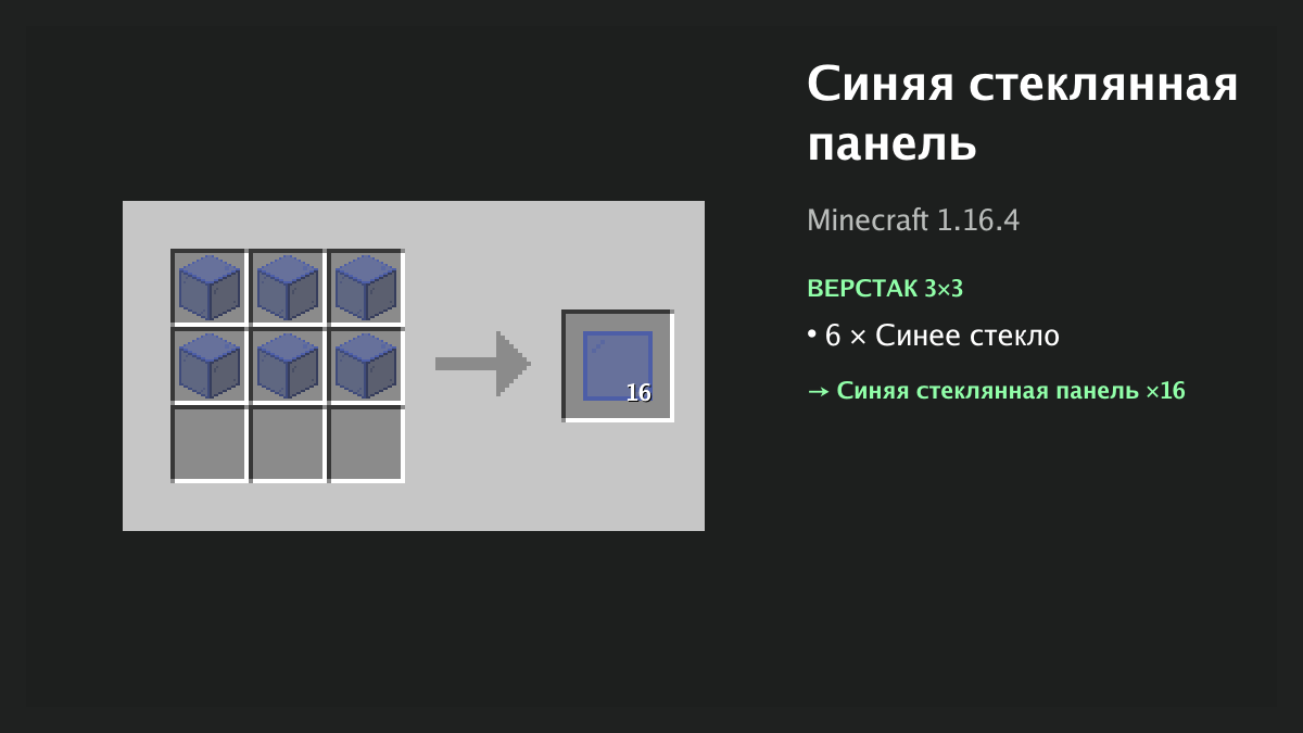 Рецепт: синяя стеклянная панель в Minecraft — 6 × синее стекло (верстак 3×3)