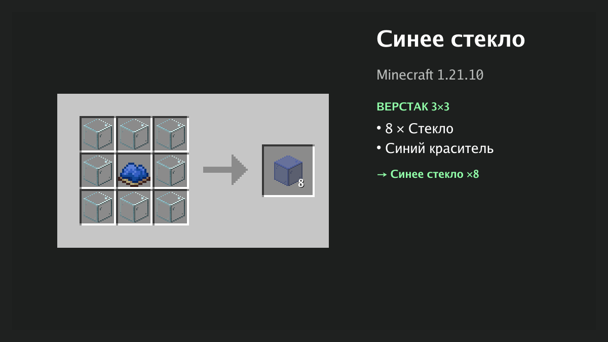Рецепт: синее стекло в Minecraft — 8 × стекло, синий краситель (верстак 3×3)