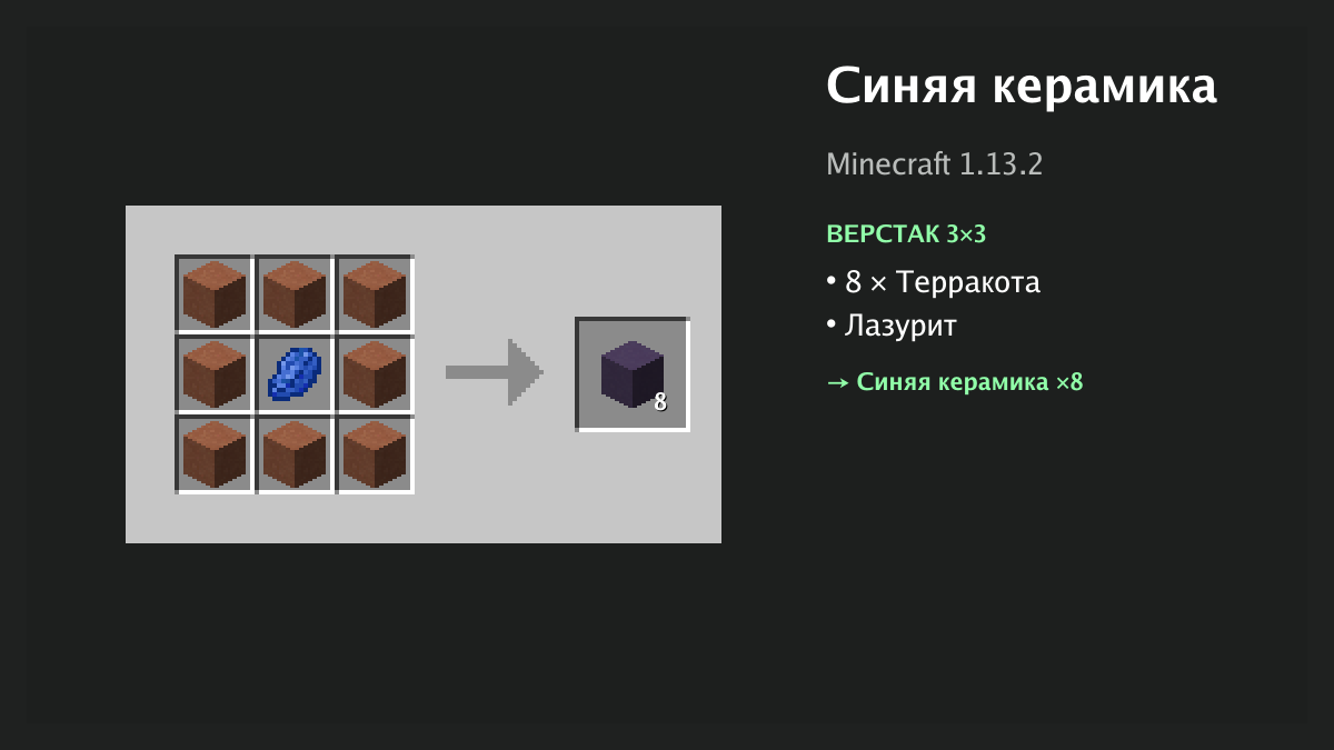 Рецепт: синяя керамика в Minecraft — 8 × терракота, лазурит (верстак 3×3)