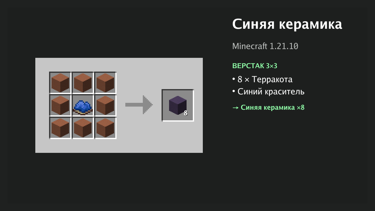 Рецепт: синяя керамика в Minecraft — 8 × терракота, синий краситель (верстак 3×3)