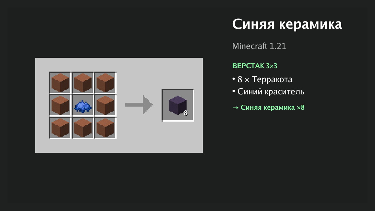 Рецепт: синяя керамика в Minecraft — 8 × терракота, синий краситель (верстак 3×3)