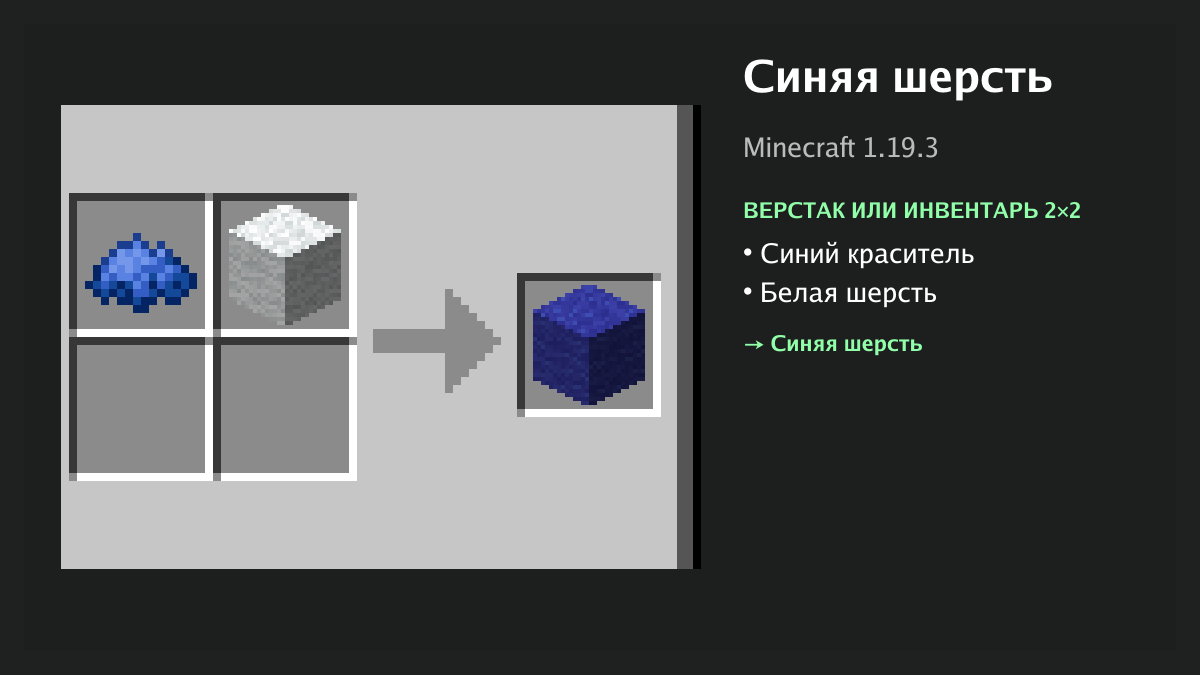 Рецепт: синяя шерсть в Minecraft — синий краситель, белая шерсть (верстак или инвентарь 2×2)