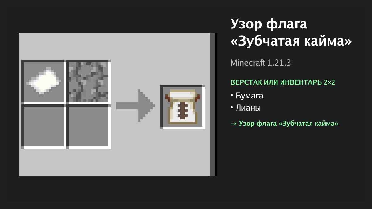 Рецепт: узор флага «зубчатая кайма» в Minecraft — бумага, лианы (верстак или инвентарь 2×2)