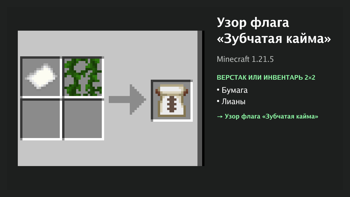 Рецепт: узор флага «зубчатая кайма» в Minecraft — бумага, лианы (верстак или инвентарь 2×2)