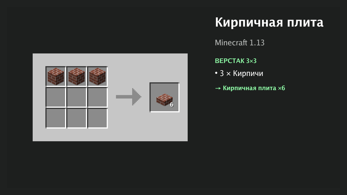 Рецепт: кирпичная плита в Minecraft — 3 × кирпичи (верстак 3×3)