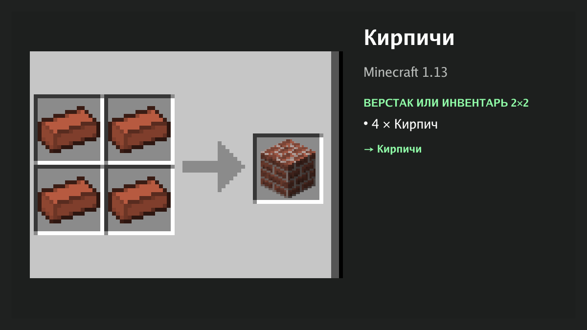 Рецепт: кирпичи в Minecraft — 4 × кирпич (верстак или инвентарь 2×2)