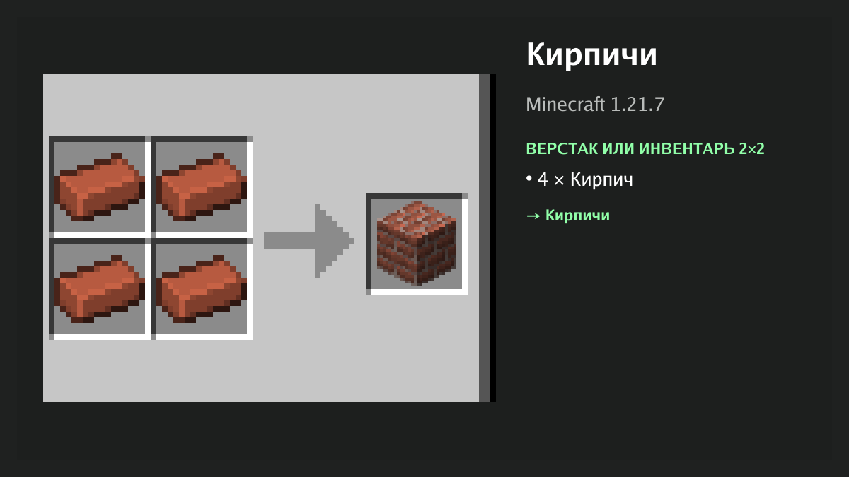 Рецепт: кирпичи в Minecraft — 4 × кирпич (верстак или инвентарь 2×2)
