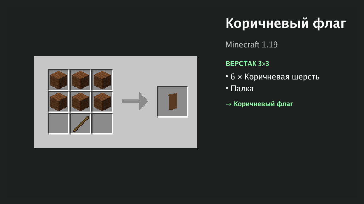 Рецепт: коричневый флаг в Minecraft — 6 × коричневая шерсть, палка (верстак 3×3)