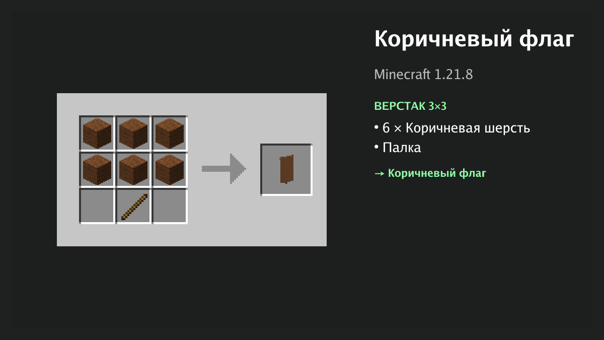 Рецепт: коричневый флаг в Minecraft — 6 × коричневая шерсть, палка (верстак 3×3)