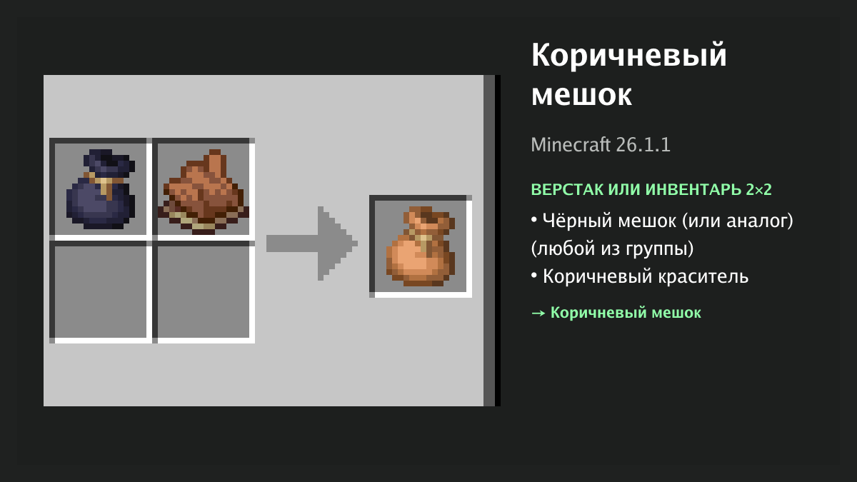 Рецепт: коричневый мешок в Minecraft — чёрный мешок (или аналог), коричневый краситель (верстак или инвентарь 2×2)
