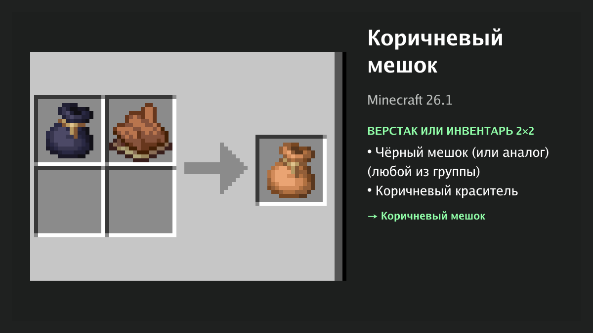 Рецепт: коричневый мешок в Minecraft — чёрный мешок (или аналог), коричневый краситель (верстак или инвентарь 2×2)