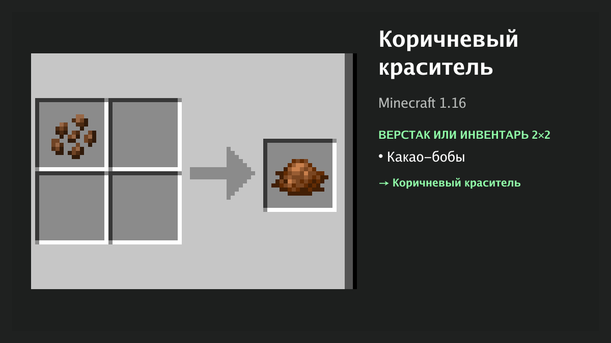 Рецепт: коричневый краситель в Minecraft — какао-бобы (верстак или инвентарь 2×2)