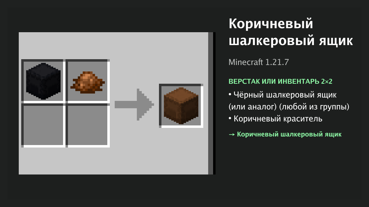 Рецепт: коричневый шалкеровый ящик в Minecraft — чёрный шалкеровый ящик (или аналог), коричневый краситель (верстак или инвентарь 2×2)