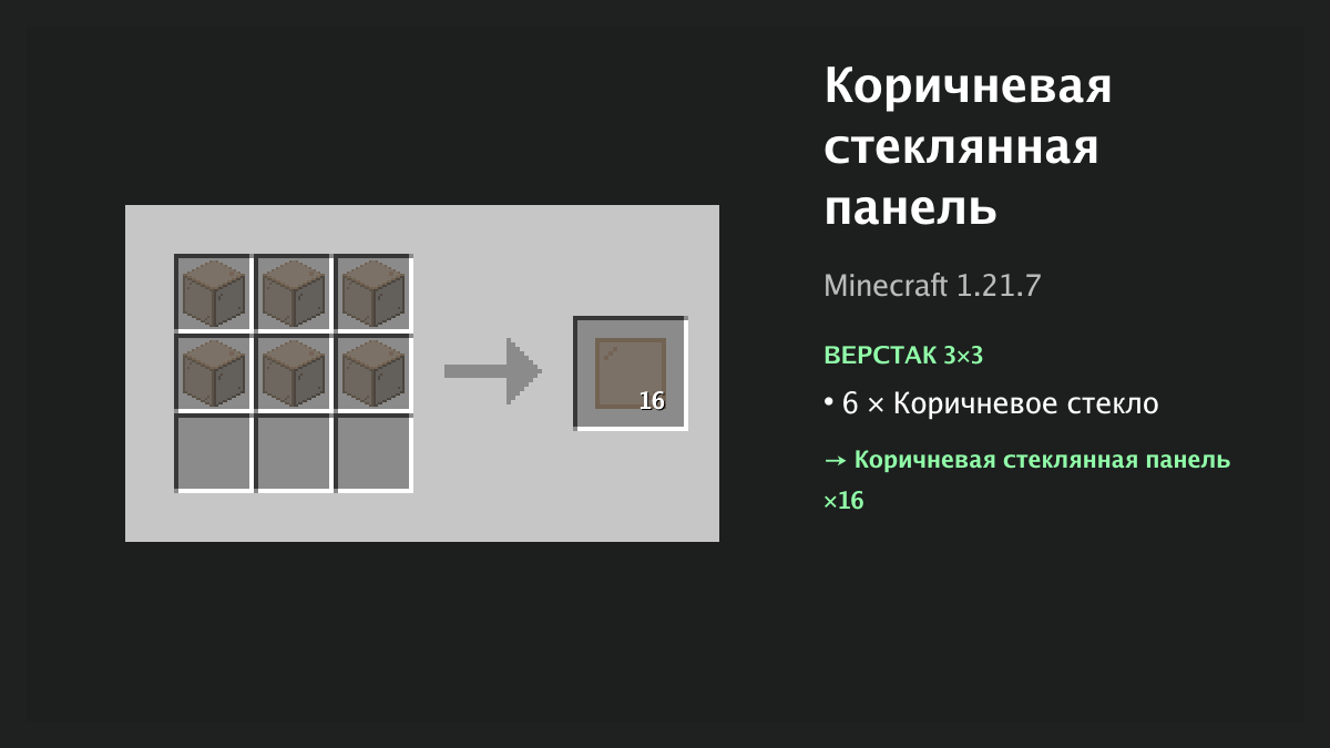 Рецепт: коричневая стеклянная панель в Minecraft — 6 × коричневое стекло (верстак 3×3)
