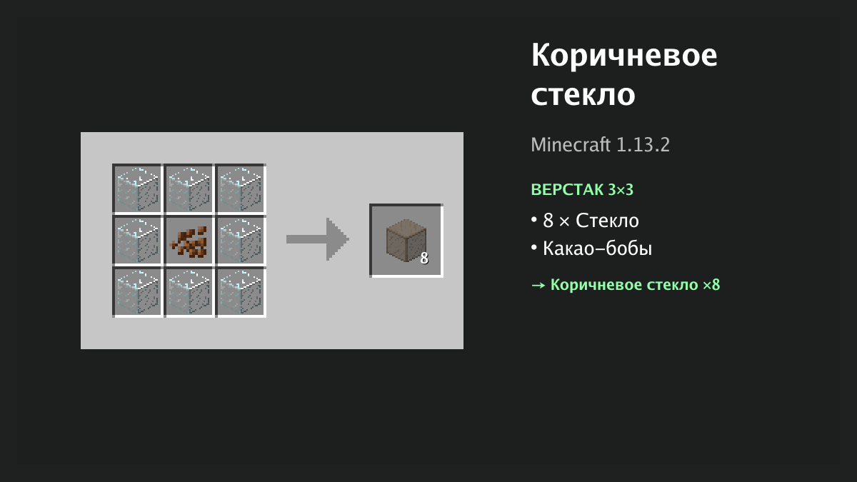 Рецепт: коричневое стекло в Minecraft — 8 × стекло, какао-бобы (верстак 3×3)