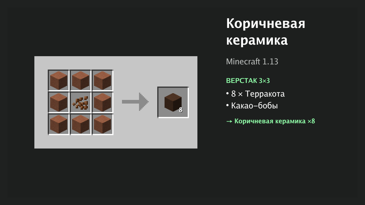 Рецепт: коричневая керамика в Minecraft — 8 × терракота, какао-бобы (верстак 3×3)