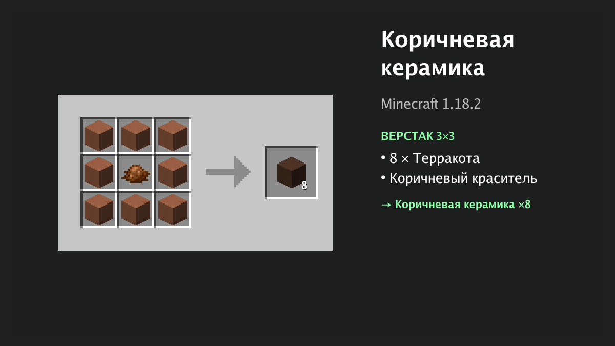 Рецепт: коричневая керамика в Minecraft — 8 × терракота, коричневый краситель (верстак 3×3)