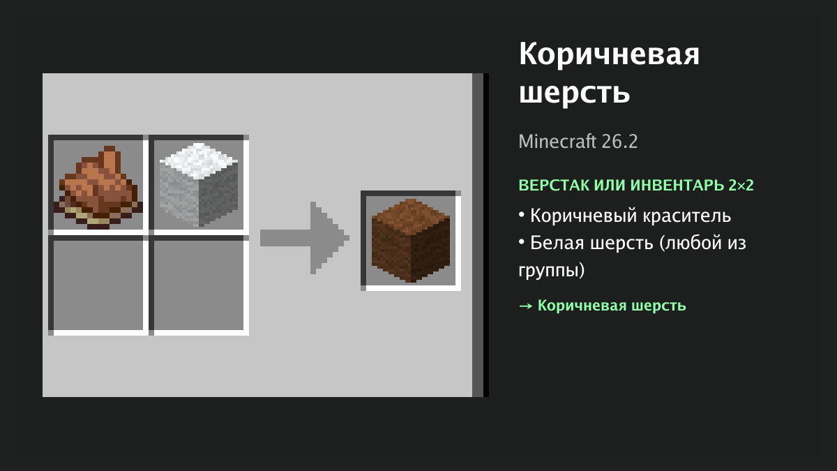 Рецепт: коричневая шерсть в Minecraft — коричневый краситель, белая шерсть (верстак или инвентарь 2×2)