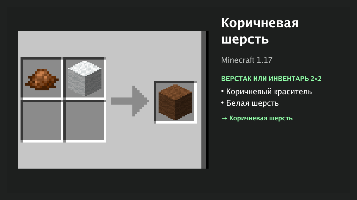 Рецепт: коричневая шерсть в Minecraft — коричневый краситель, белая шерсть (верстак или инвентарь 2×2)