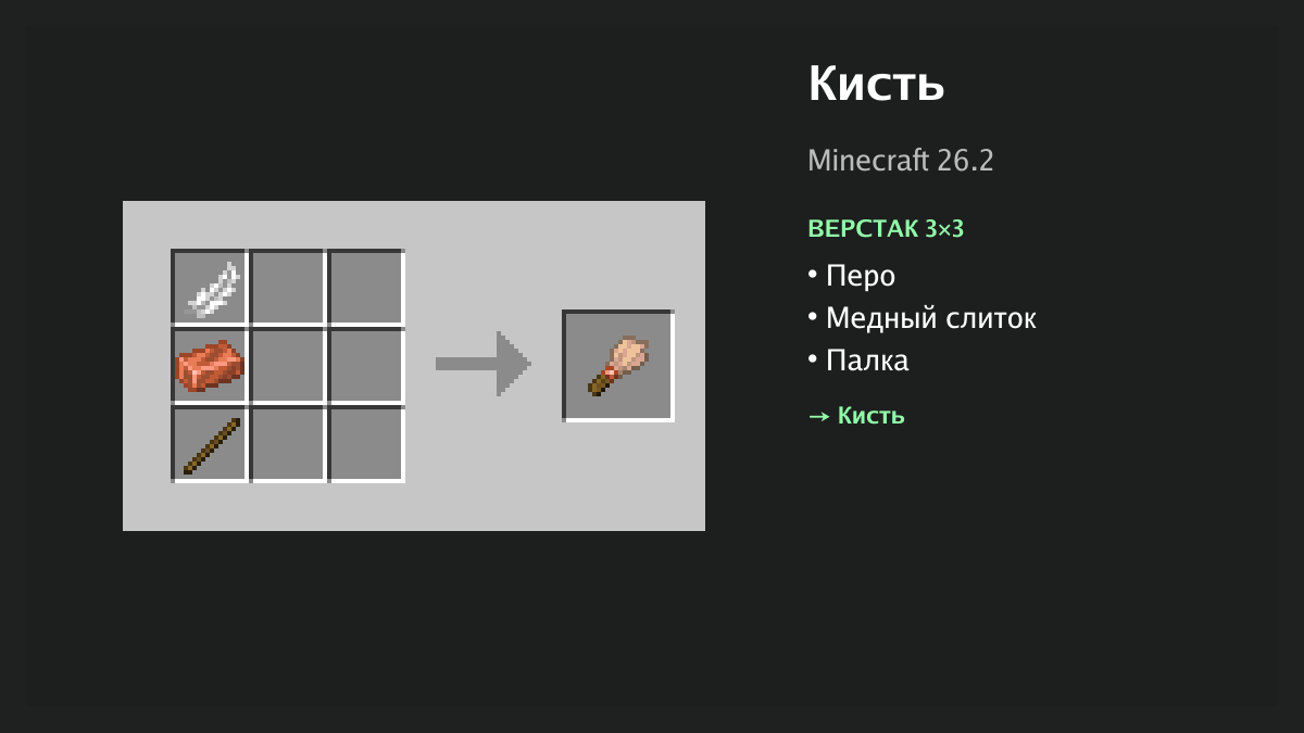 Рецепт: кисть в Minecraft — перо, медный слиток, палка (верстак 3×3)