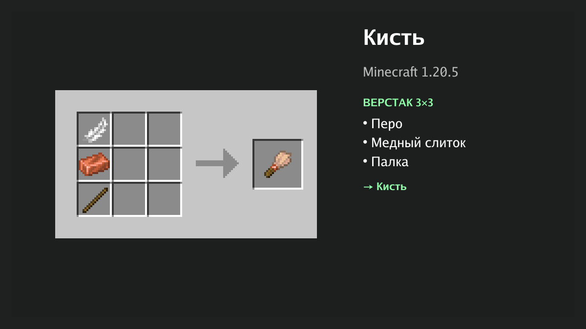 Рецепт: кисть в Minecraft — перо, медный слиток, палка (верстак 3×3)