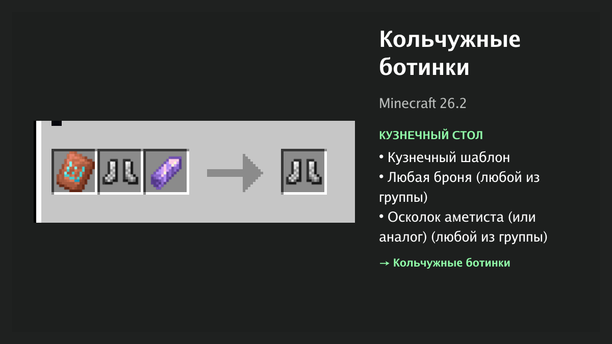 Рецепт: кольчужные ботинки в Minecraft — кузнечный шаблон, любая броня, осколок аметиста (или аналог) (кузнечный стол)