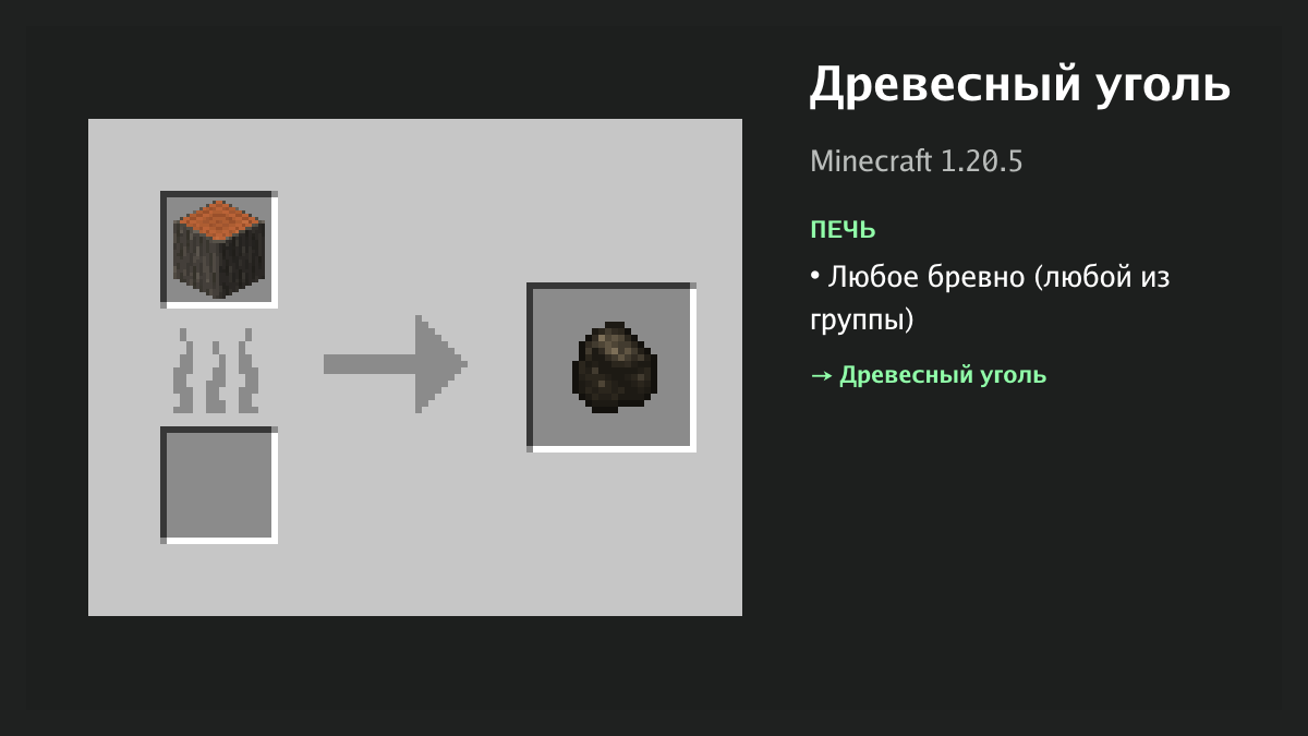 Рецепт: древесный уголь в Minecraft — любое бревно (печь)