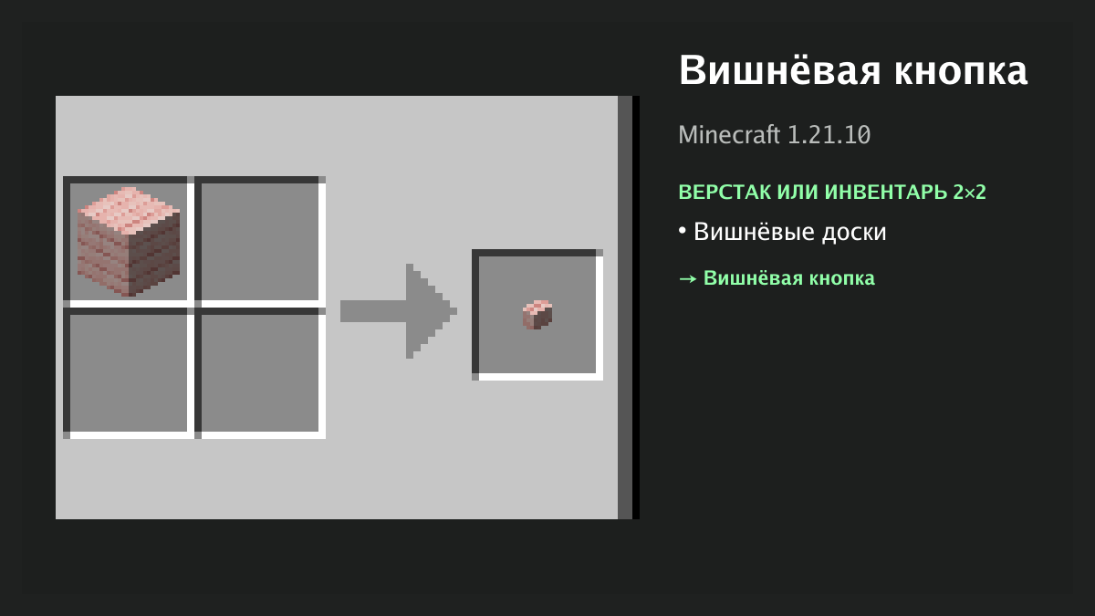 Рецепт: вишнёвая кнопка в Minecraft — вишнёвые доски (верстак или инвентарь 2×2)