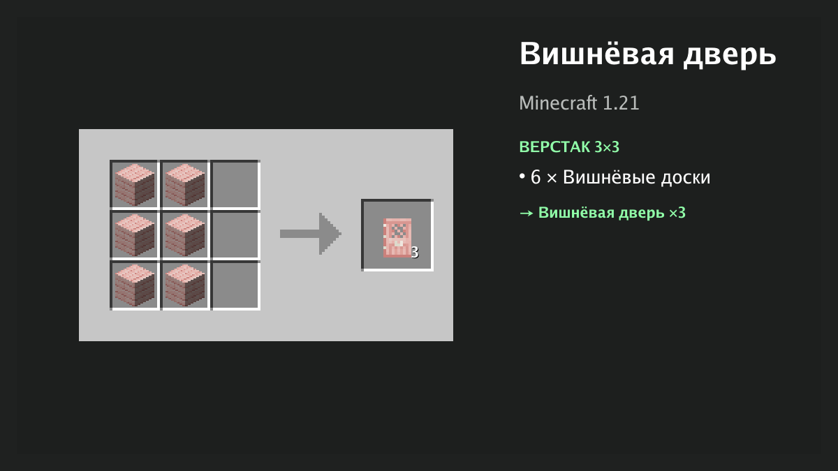 Рецепт: вишнёвая дверь в Minecraft — 6 × вишнёвые доски (верстак 3×3)