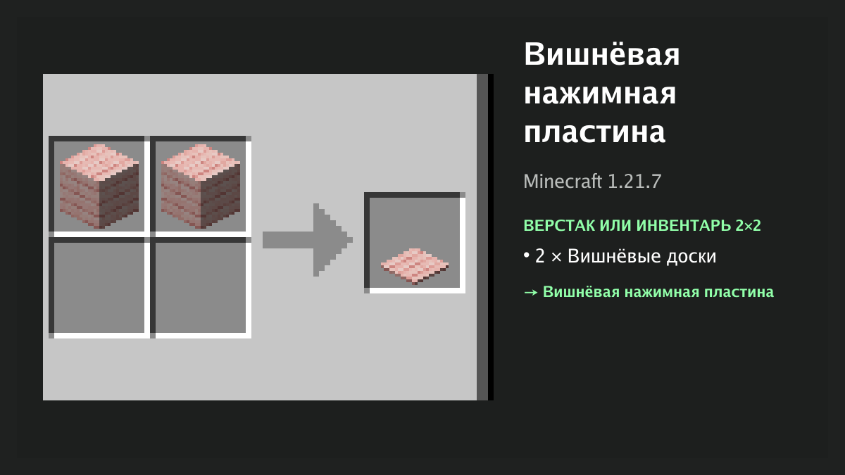 Рецепт: вишнёвая нажимная пластина в Minecraft — 2 × вишнёвые доски (верстак или инвентарь 2×2)