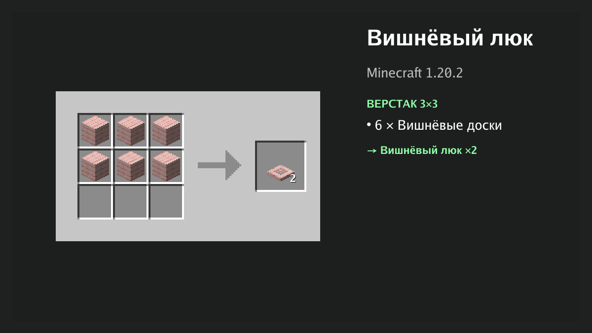 Рецепт: вишнёвый люк в Minecraft — 6 × вишнёвые доски (верстак 3×3)
