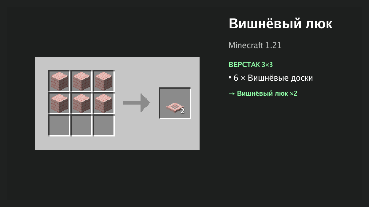 Рецепт: вишнёвый люк в Minecraft — 6 × вишнёвые доски (верстак 3×3)