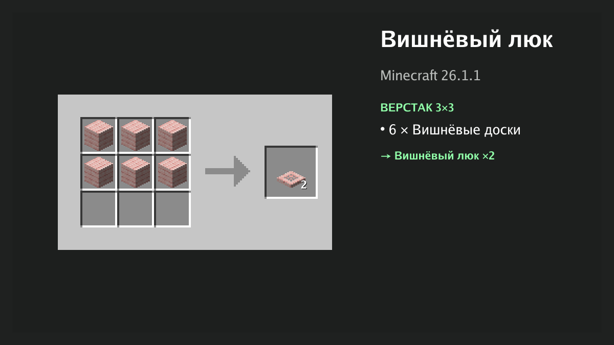 Рецепт: вишнёвый люк в Minecraft — 6 × вишнёвые доски (верстак 3×3)