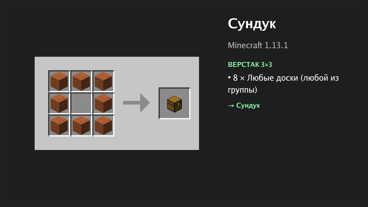 Рецепт: сундук в Minecraft — 8 × любые доски (верстак 3×3)