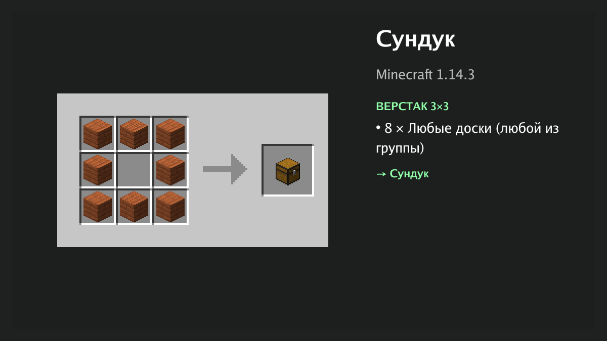 Рецепт: сундук в Minecraft — 8 × любые доски (верстак 3×3)