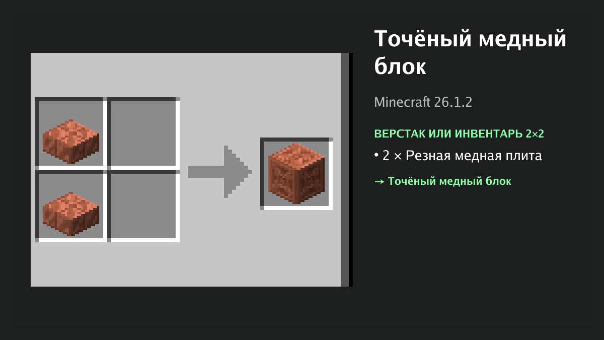 Рецепт: точёный медный блок в Minecraft — 2 × резная медная плита (верстак или инвентарь 2×2)