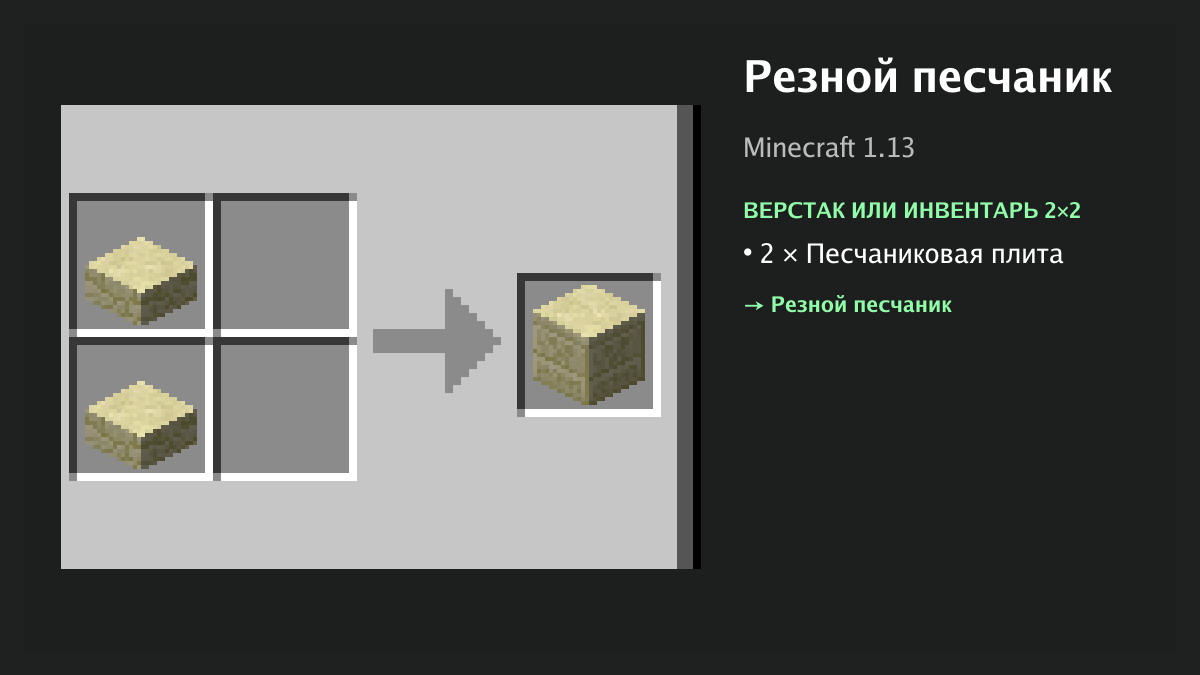 Рецепт: резной песчаник в Minecraft — 2 × песчаниковая плита (верстак или инвентарь 2×2)