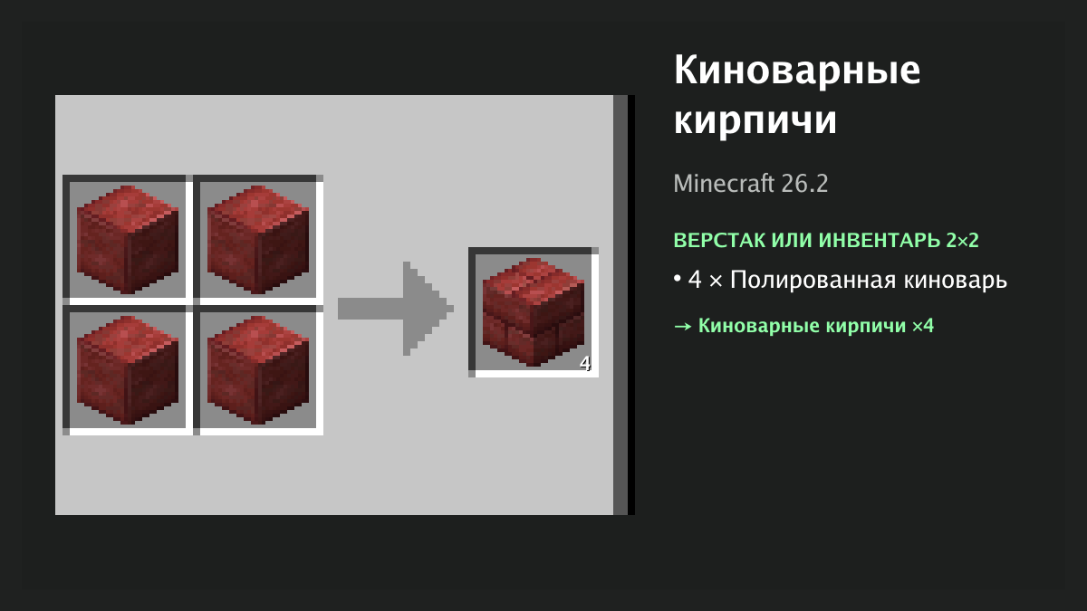 Рецепт: киноварные кирпичи в Minecraft — 4 × полированная киноварь (верстак или инвентарь 2×2)