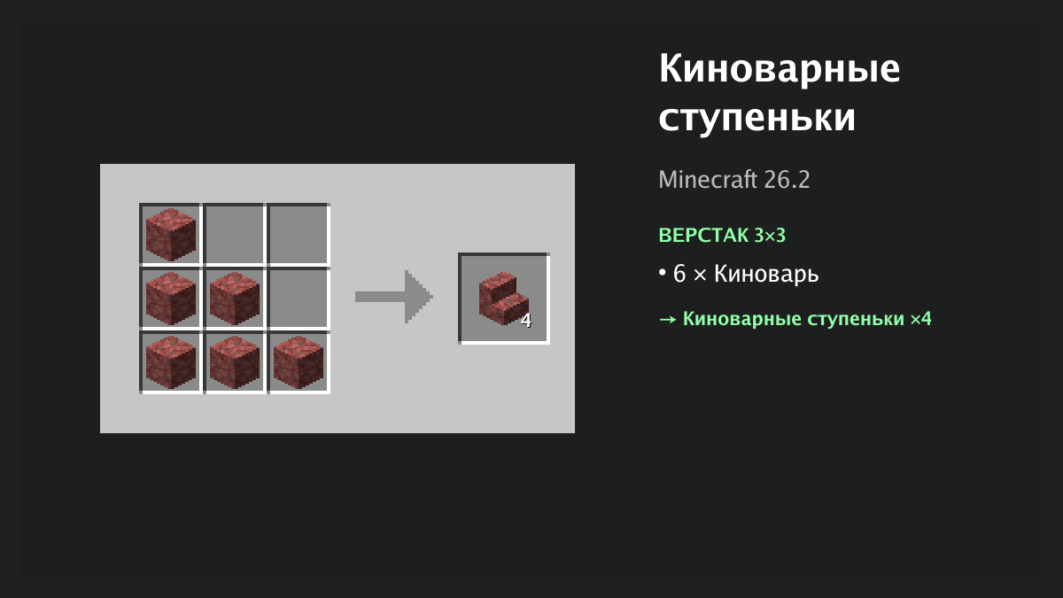 Рецепт: киноварные ступеньки в Minecraft — 6 × киноварь (верстак 3×3)