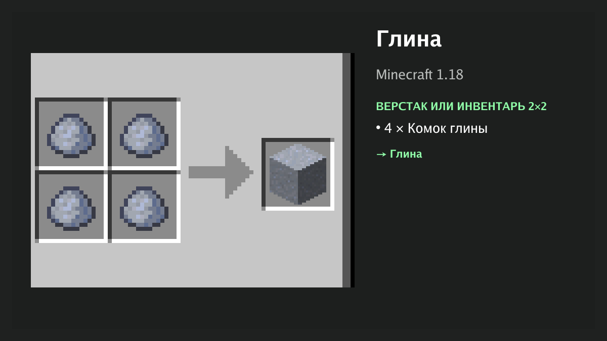 Рецепт: глина в Minecraft — 4 × комок глины (верстак или инвентарь 2×2)