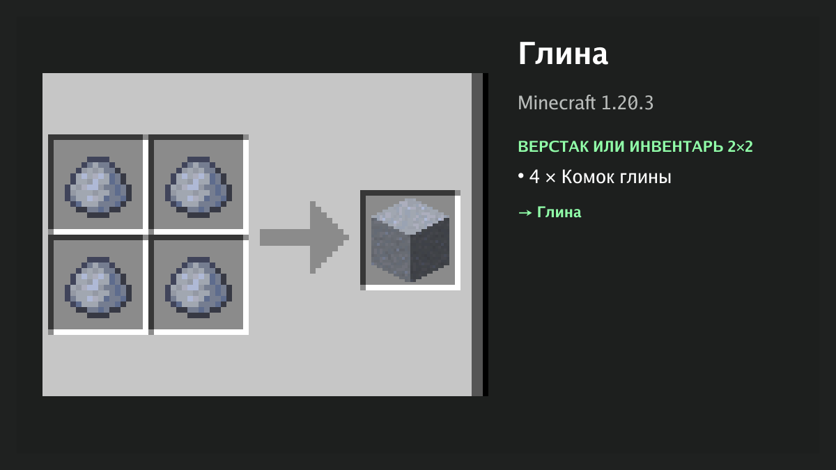 Рецепт: глина в Minecraft — 4 × комок глины (верстак или инвентарь 2×2)