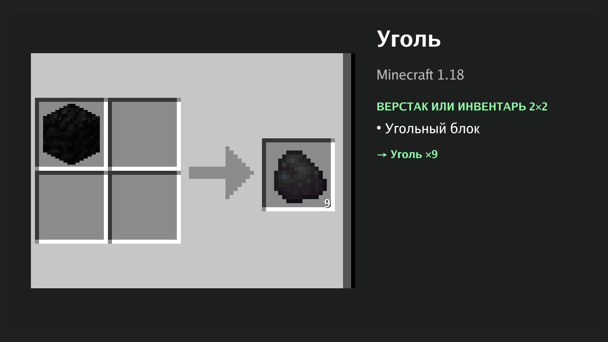 Рецепт: уголь в Minecraft — угольный блок (верстак или инвентарь 2×2)