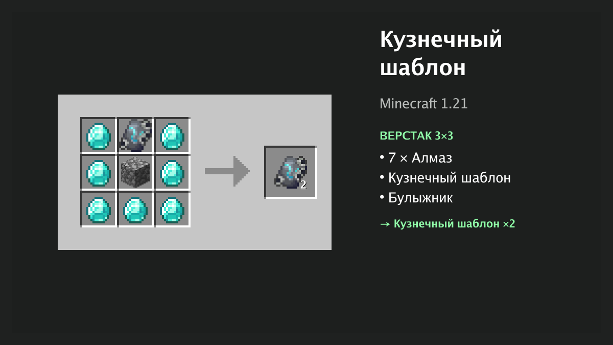 Рецепт: кузнечный шаблон в Minecraft — 7 × алмаз, кузнечный шаблон, булыжник (верстак 3×3)
