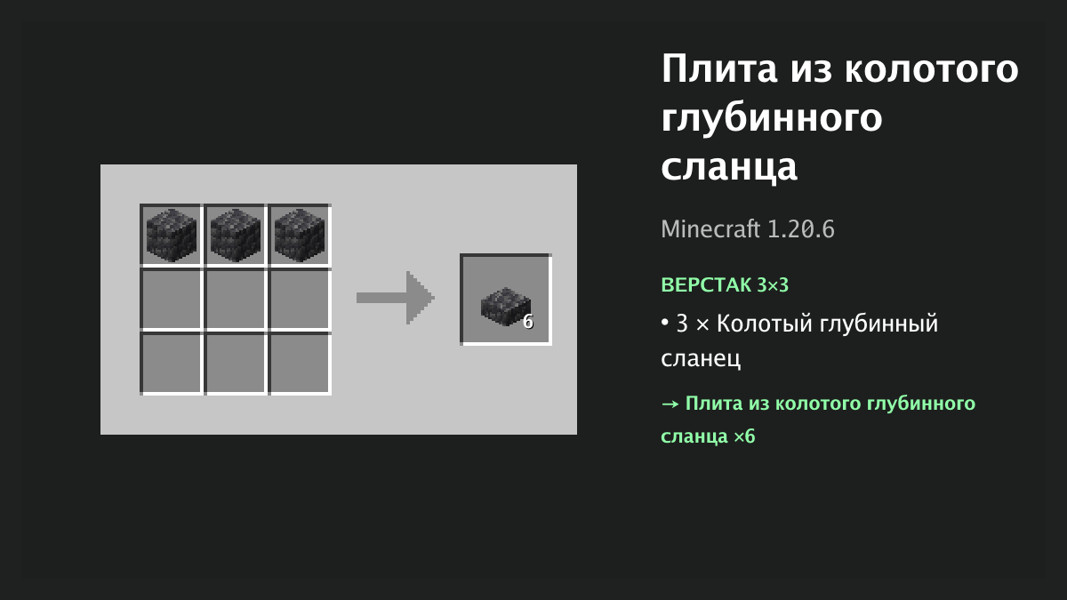 Рецепт: плита из колотого глубинного сланца в Minecraft — 3 × колотый глубинный сланец (верстак 3×3)
