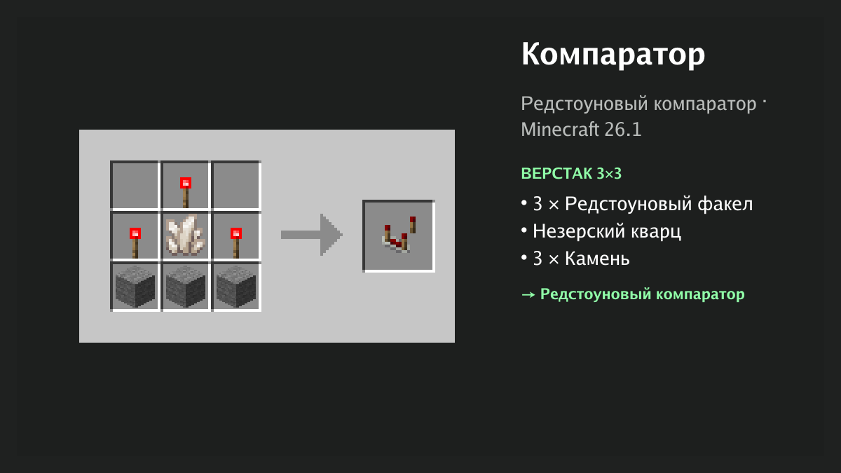 Рецепт: компаратор в Minecraft — 3 × редстоуновый факел, незерский кварц, 3 × камень (верстак 3×3)