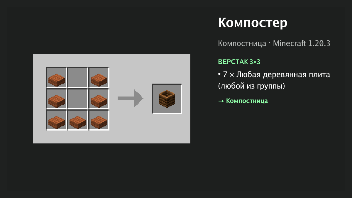 Рецепт: компостер в Minecraft — 7 × любая деревянная плита (верстак 3×3)