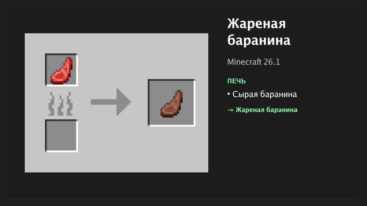 Рецепт: жареная баранина в Minecraft — сырая баранина (печь)