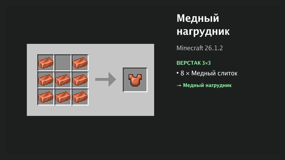 Рецепт: медный нагрудник в Minecraft — 8 × медный слиток (верстак 3×3)